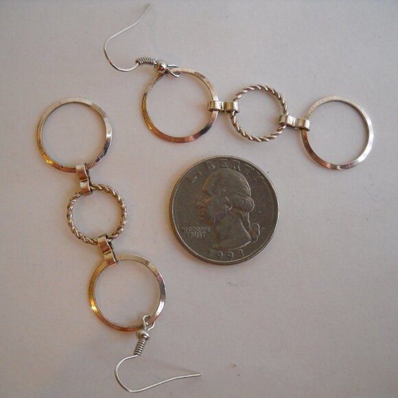 3 Ring Hoop Earrings Silvertone Metal Rope Chain Handcrafted Pierced Dangle OOAK - Picture 5 of 6